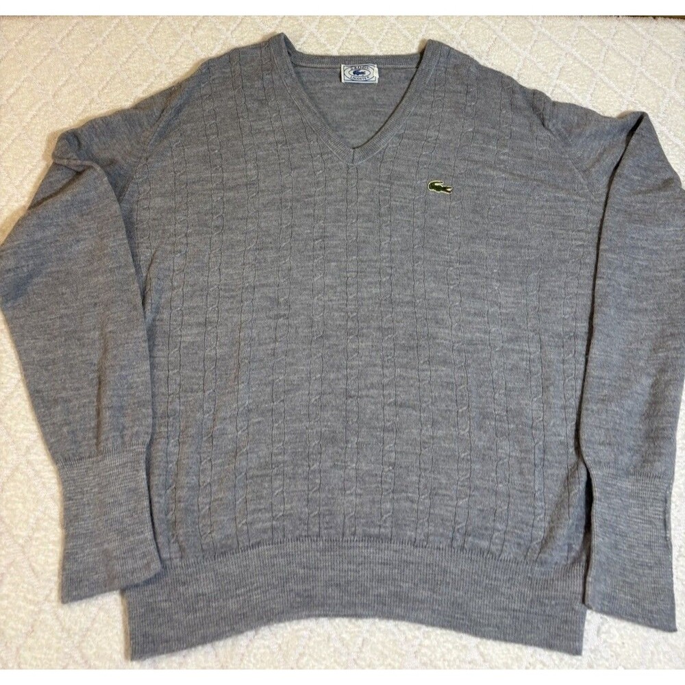Vintage 80s Izod Lacoste Logo Cable Knit Gray V Neck Sweater Men’s Size XL